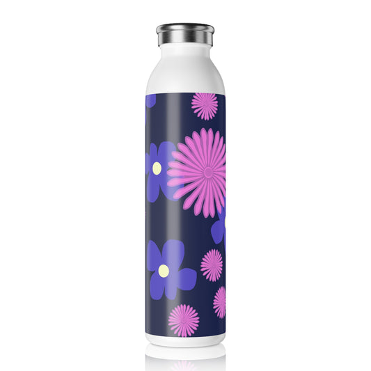 Pink and Blue Flowers Slim Water Bottle with Colorful Design, Reusable Drink Container, Eco-Friendly Gift, Travel Hydration, Summer Accessories