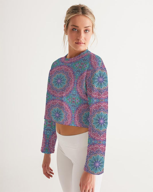Blue Red Snowflake Kaleidoscope Women's All-Over Print Cropped Sweatshirt