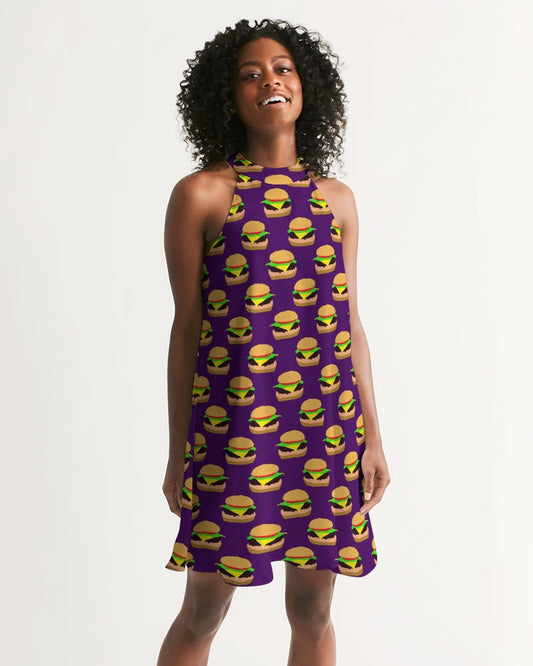 Cheeseburger Pattern Women's All-Over Print Halter Dress