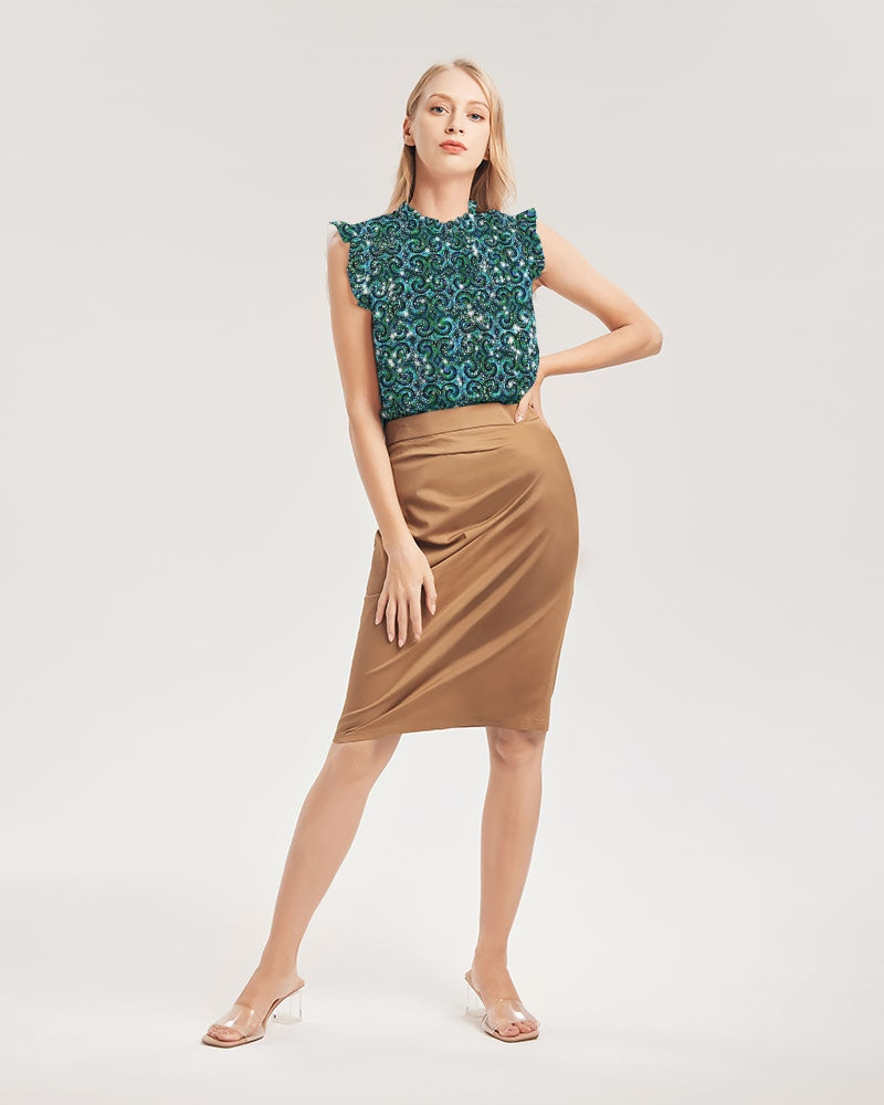 Blue Ice Sparkle Swirl Women's All-Over Print Ruffle Sleeve Top