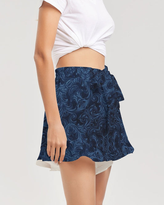 Blue Faux Velvet Kaleidoscope Women's All-Over Print Ruffle Shorts