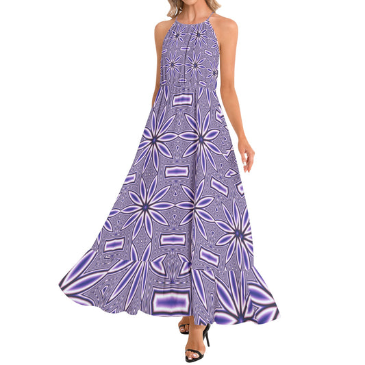Blue Flower Kaleidoscope Ruffle Hem Halter Neck Maxi Dress