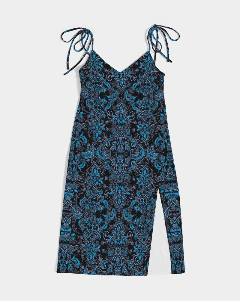 Blue Vines and Lace Women's All-Over Print Tie Strap Split Dress