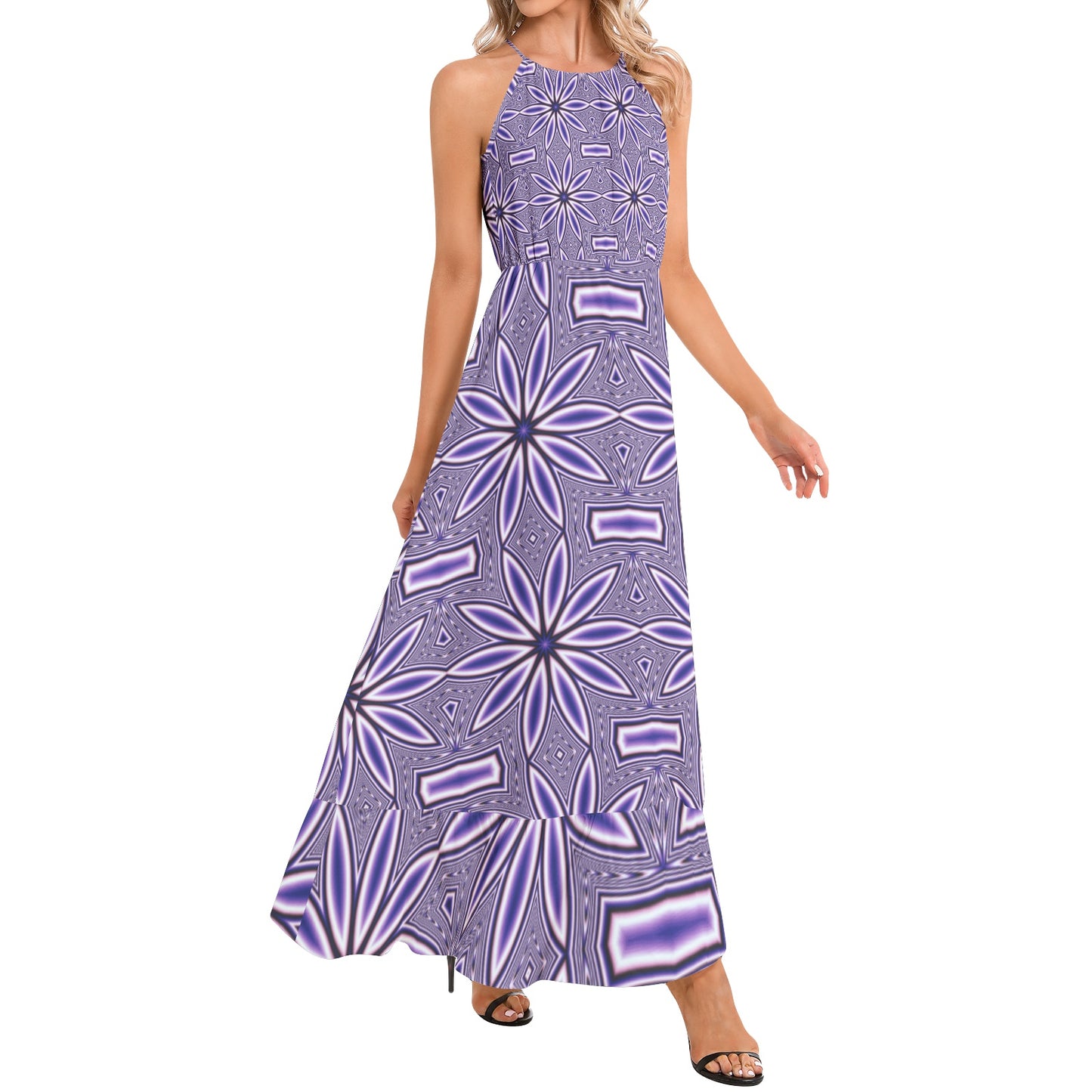 Blue Flower Kaleidoscope Ruffle Hem Halter Neck Maxi Dress