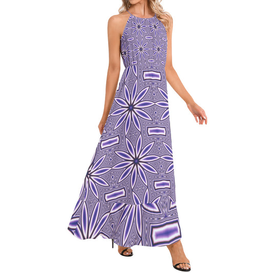 Blue Flower Kaleidoscope Ruffle Hem Halter Neck Maxi Dress