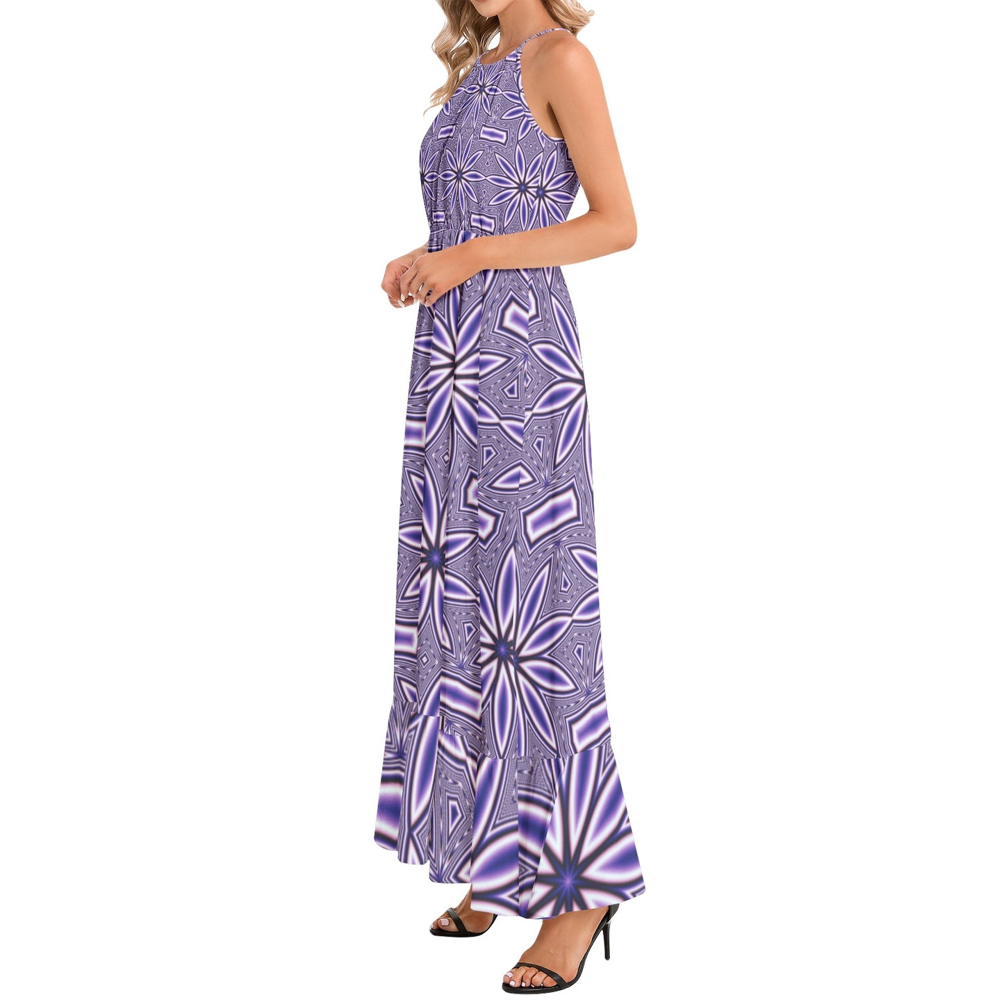 Blue Flower Kaleidoscope Ruffle Hem Halter Neck Maxi Dress