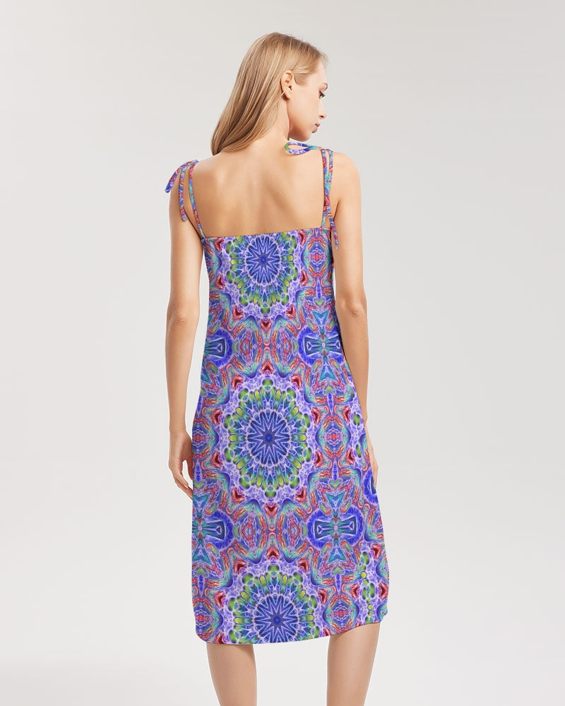 Blue Red Kaleidoscope Women's All-Over Print Tie Strap Split Dress