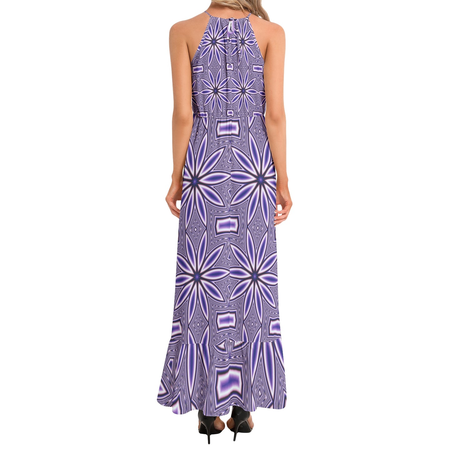 Blue Flower Kaleidoscope Ruffle Hem Halter Neck Maxi Dress