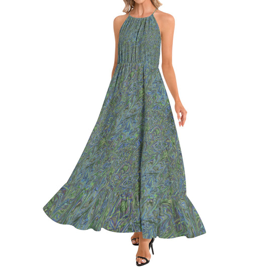 Blue Green Liquid Marbling Ruffle Hem Halter Neck Maxi Dress