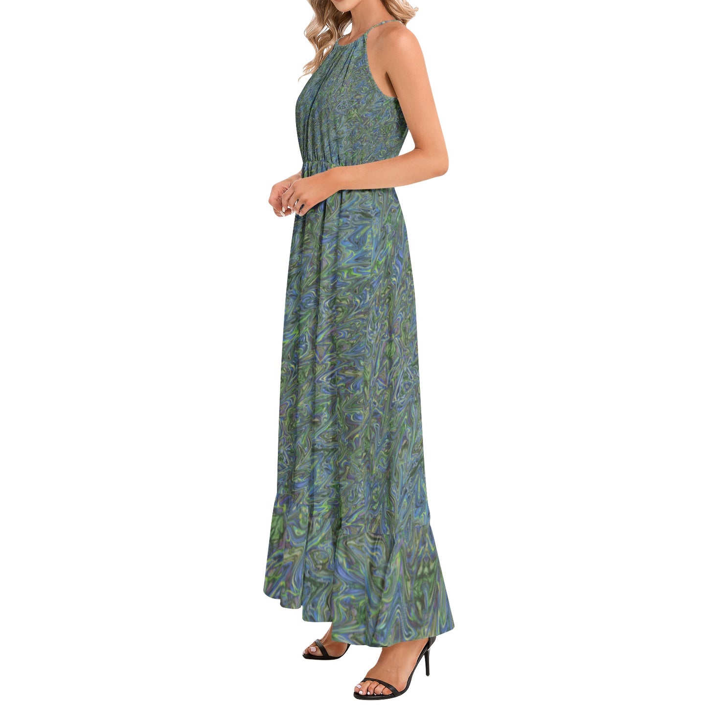 Blue Green Liquid Marbling Ruffle Hem Halter Neck Maxi Dress