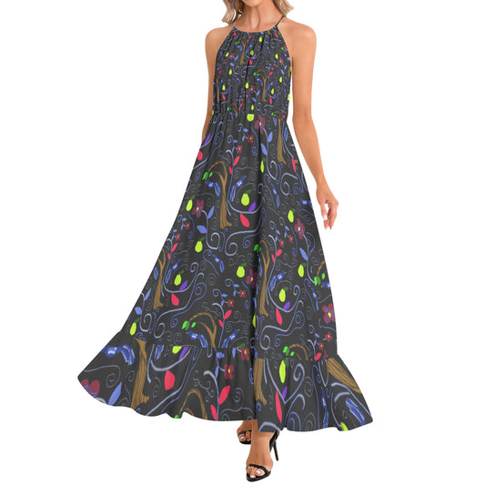 Birds and Scrolls Ruffle Hem Halter Neck Maxi Dress