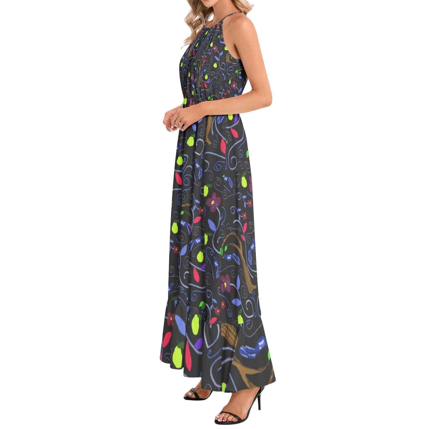 Birds and Scrolls Ruffle Hem Halter Neck Maxi Dress