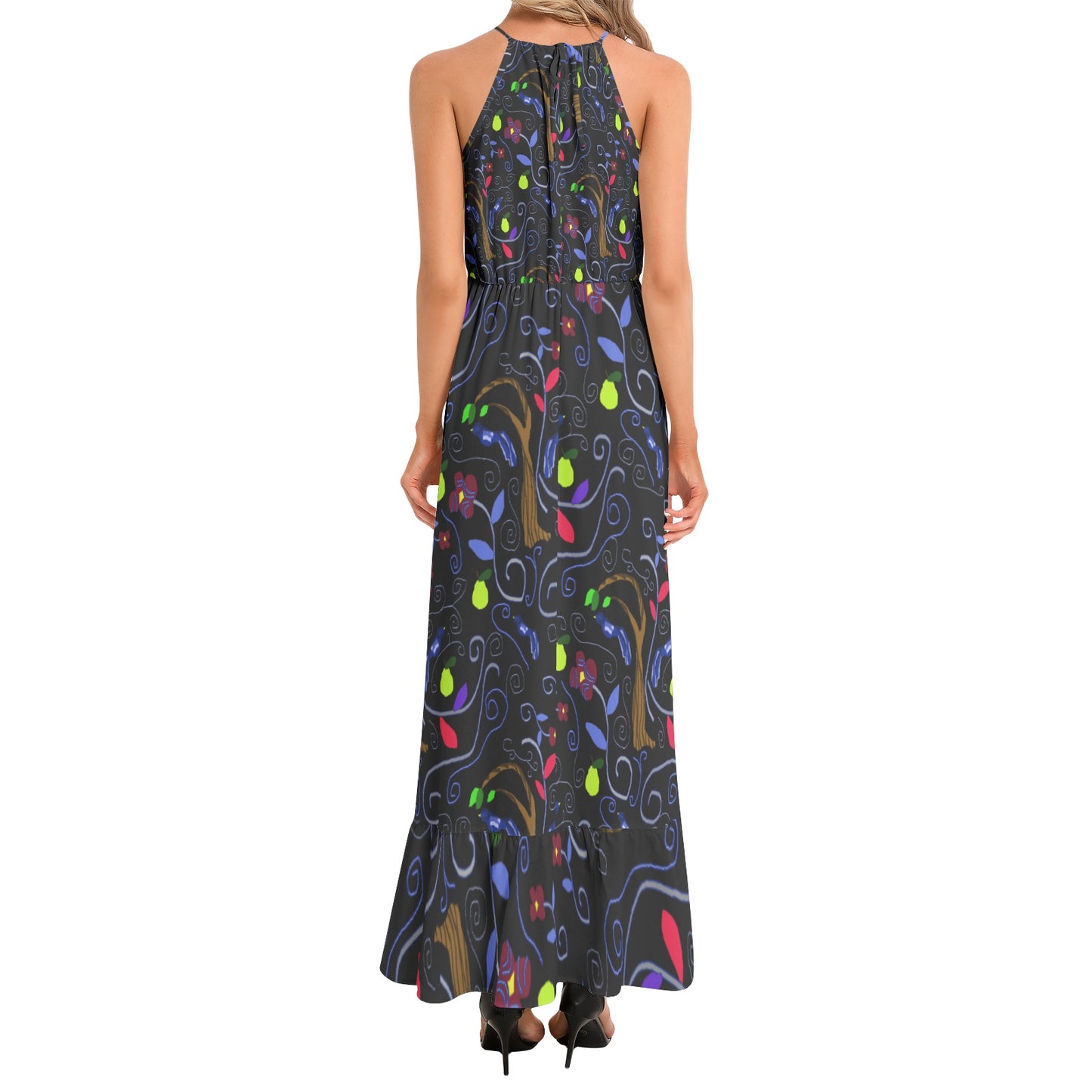 Birds and Scrolls Ruffle Hem Halter Neck Maxi Dress