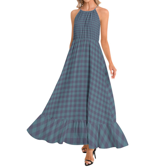 Blue Gingham Ruffle Hem Halter Neck Maxi Dress