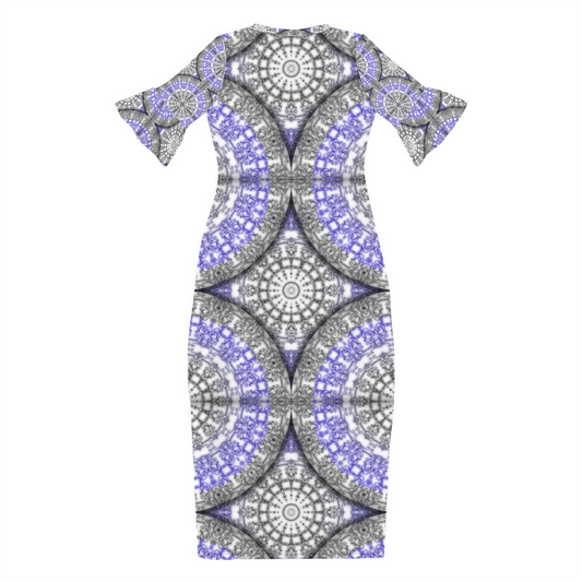 Blue and White Vines Pattern Custom Lotus Leaf Short Sleeve Long Dress Women's Summer Fashion Dress