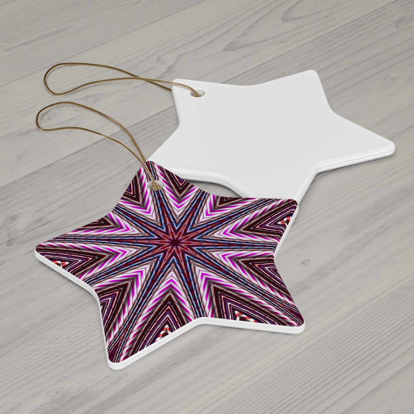 Candy Cane Kaleidoscope Star Ceramic Ornament — Pink Geometric Holiday Decoration