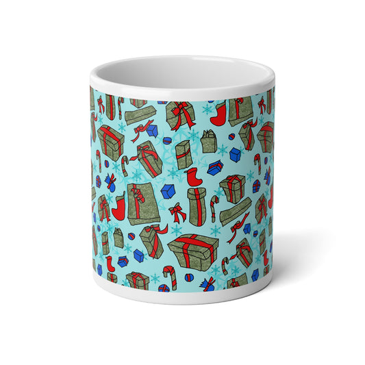 Holiday Gift Pattern Jumbo Mug — 20oz Christmas Presents & Stockings Design