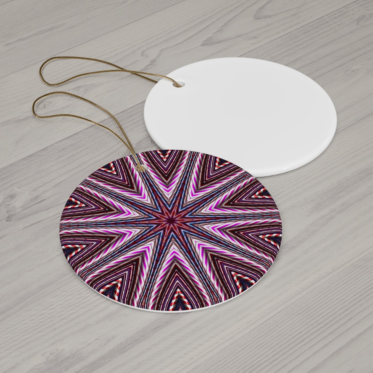 Candy Cane Kaleidoscope Star Ceramic Ornament — Pink Geometric Holiday Decoration