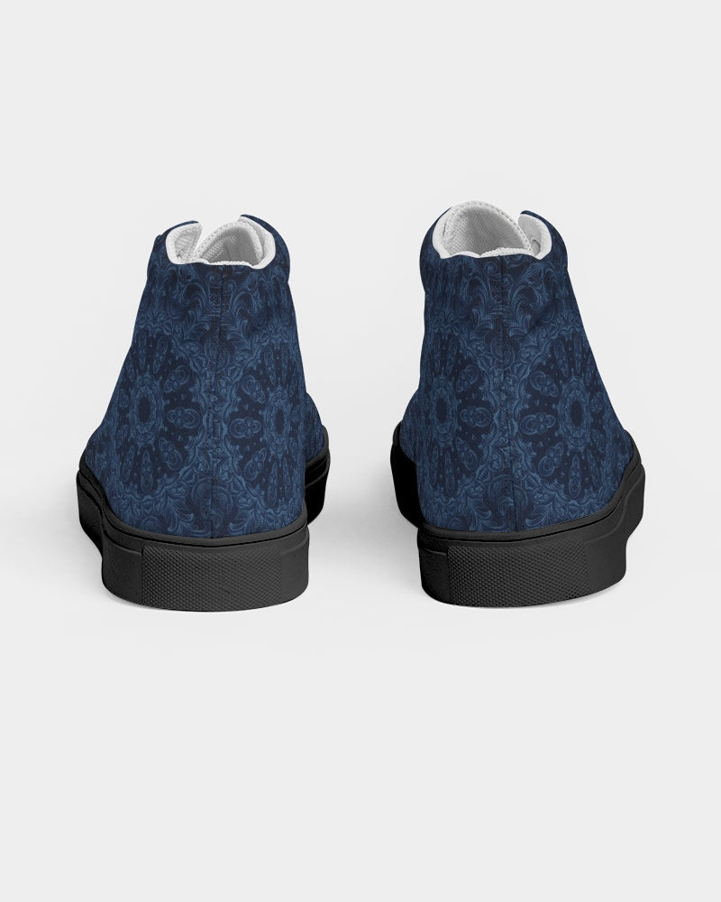 Blue Faux Velvet Kaleidoscope Women's Hightop Canvas Shoe - Black