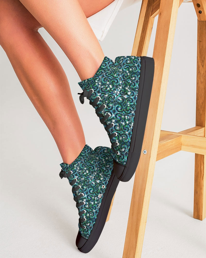 Blue Ice Sparkle Swirl Women's Hightop Canvas Shoe - Black