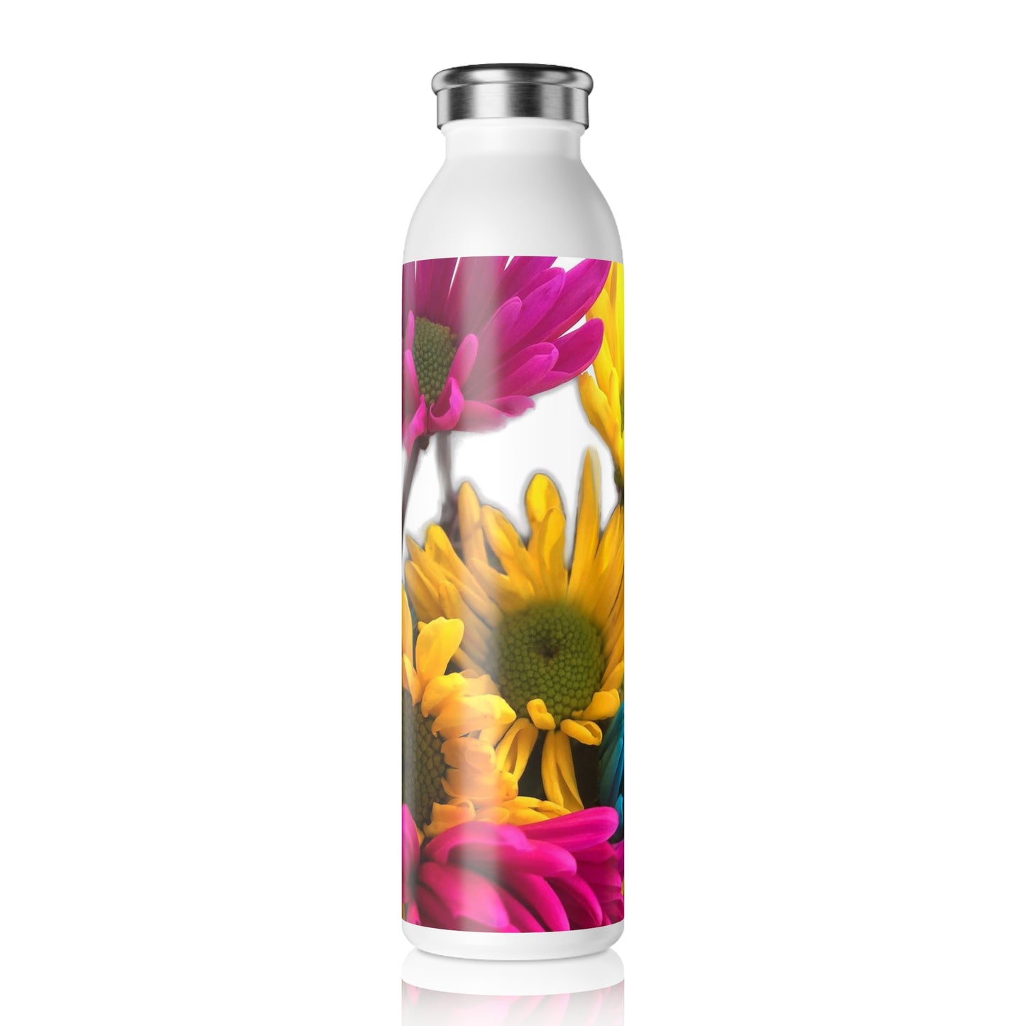 Pink and Yellow Daisies Slim Water Bottle - Vibrant Nature-Inspired Design