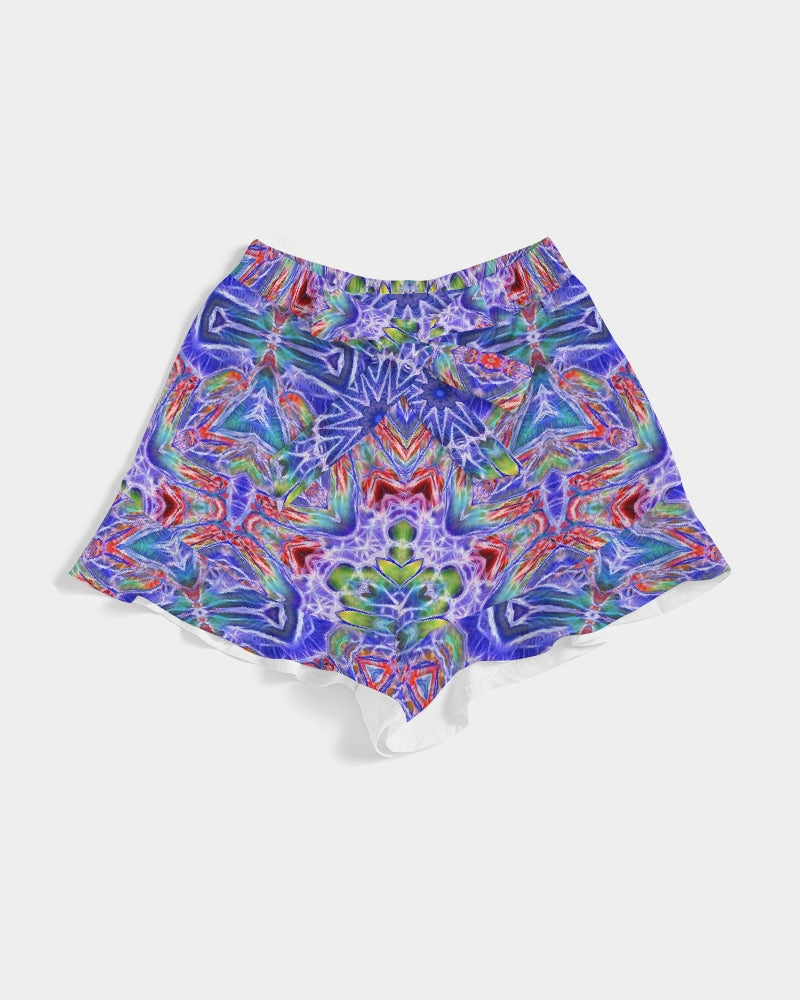 Blue Red Kaleidoscope Women's All-Over Print Ruffle Shorts