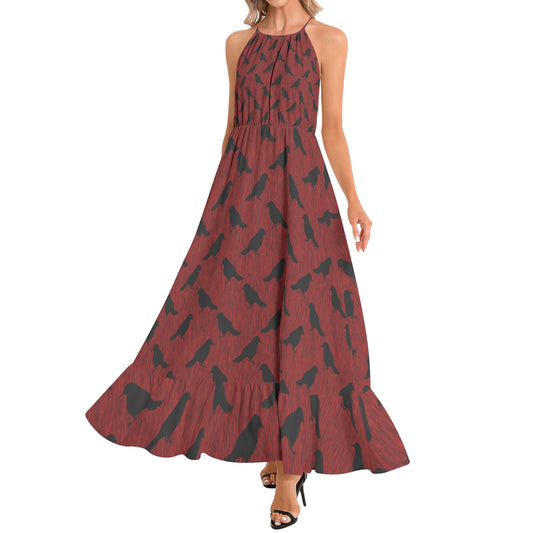 Ravens on Red Ruffle Hem Halter Neck Maxi Dress