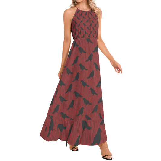 Ravens on Red Ruffle Hem Halter Neck Maxi Dress