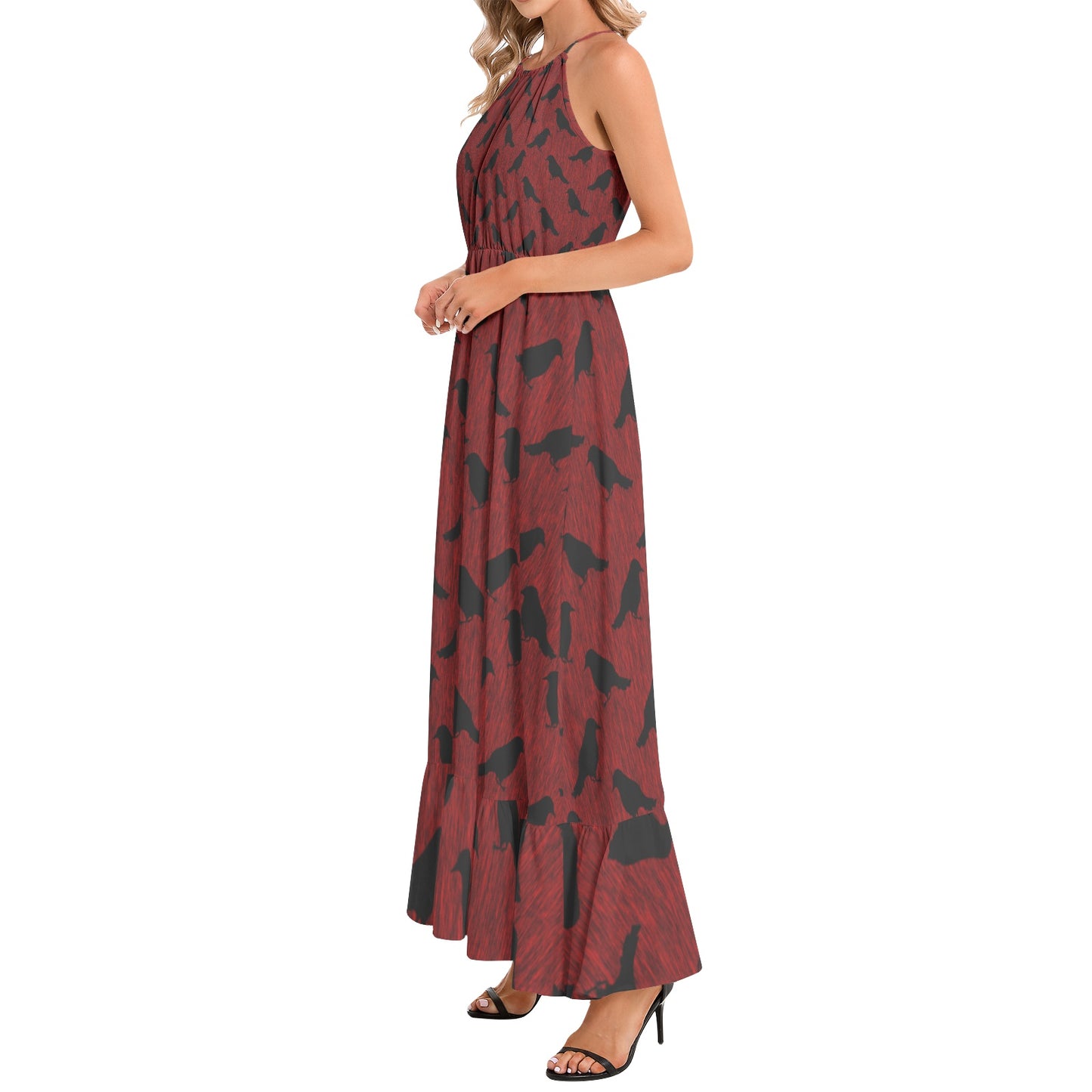 Ravens on Red Ruffle Hem Halter Neck Maxi Dress