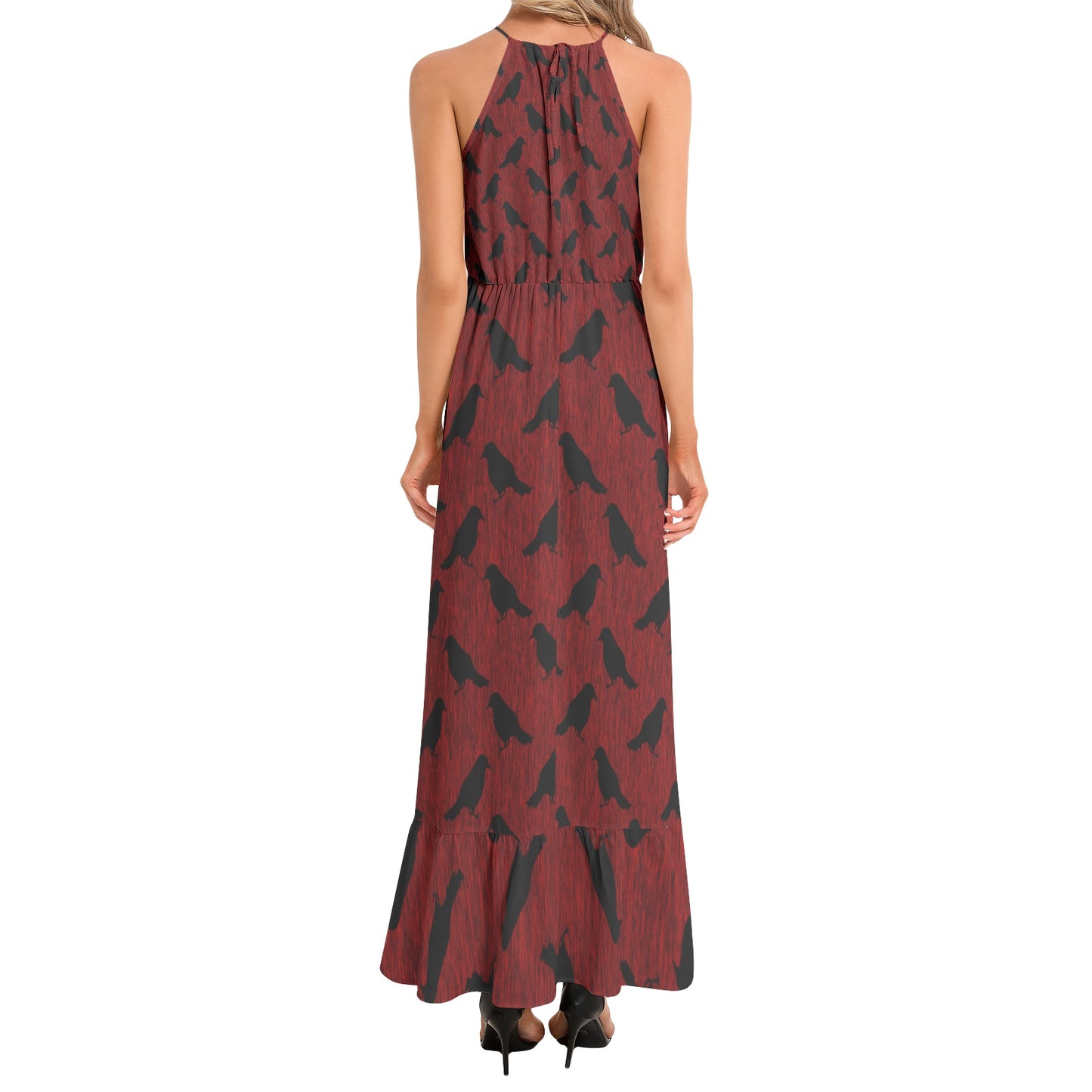 Ravens on Red Ruffle Hem Halter Neck Maxi Dress