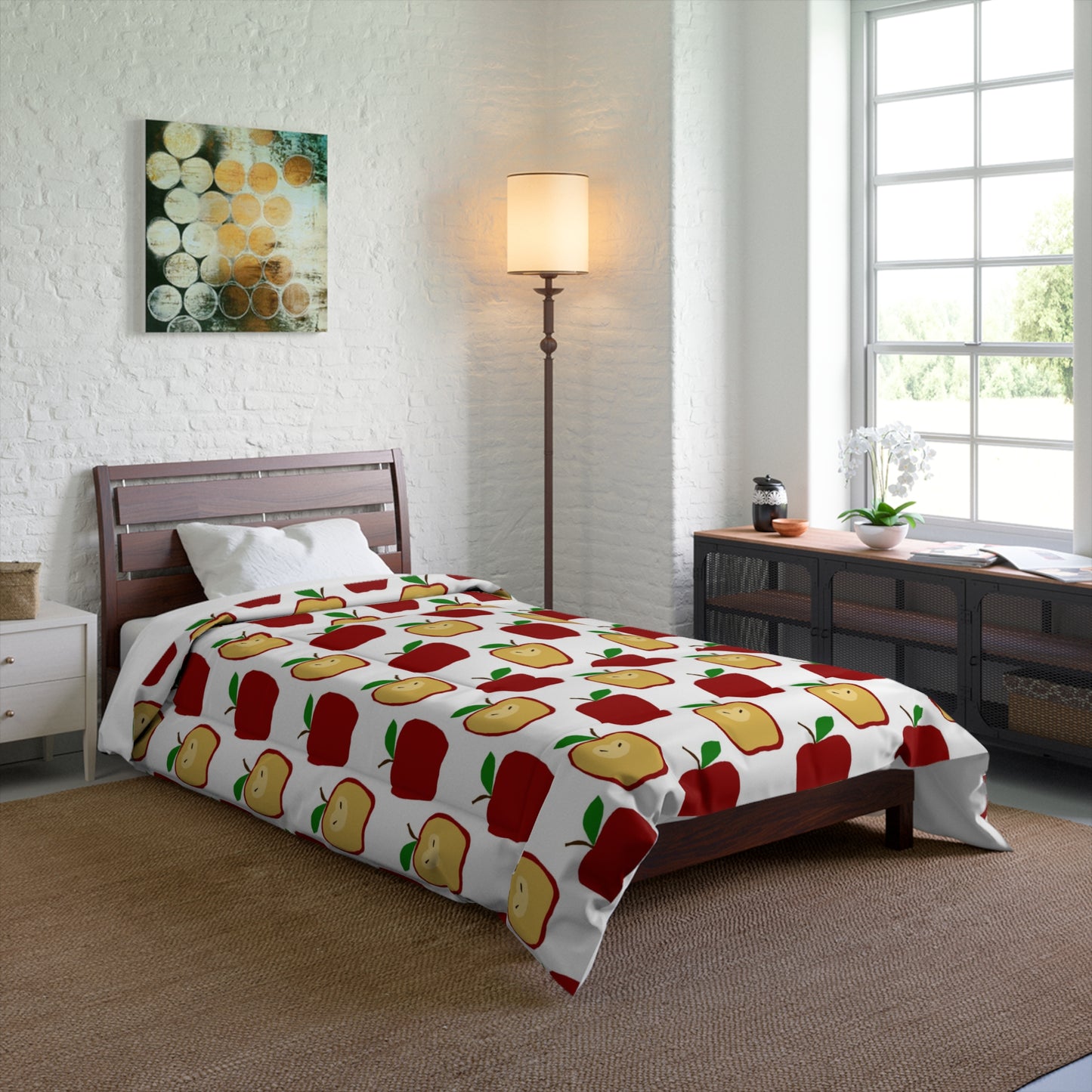 Apple Pattern Comforter - Cute Red & Yellow Apples Bedding for Kids, Dorms & Fall Decor