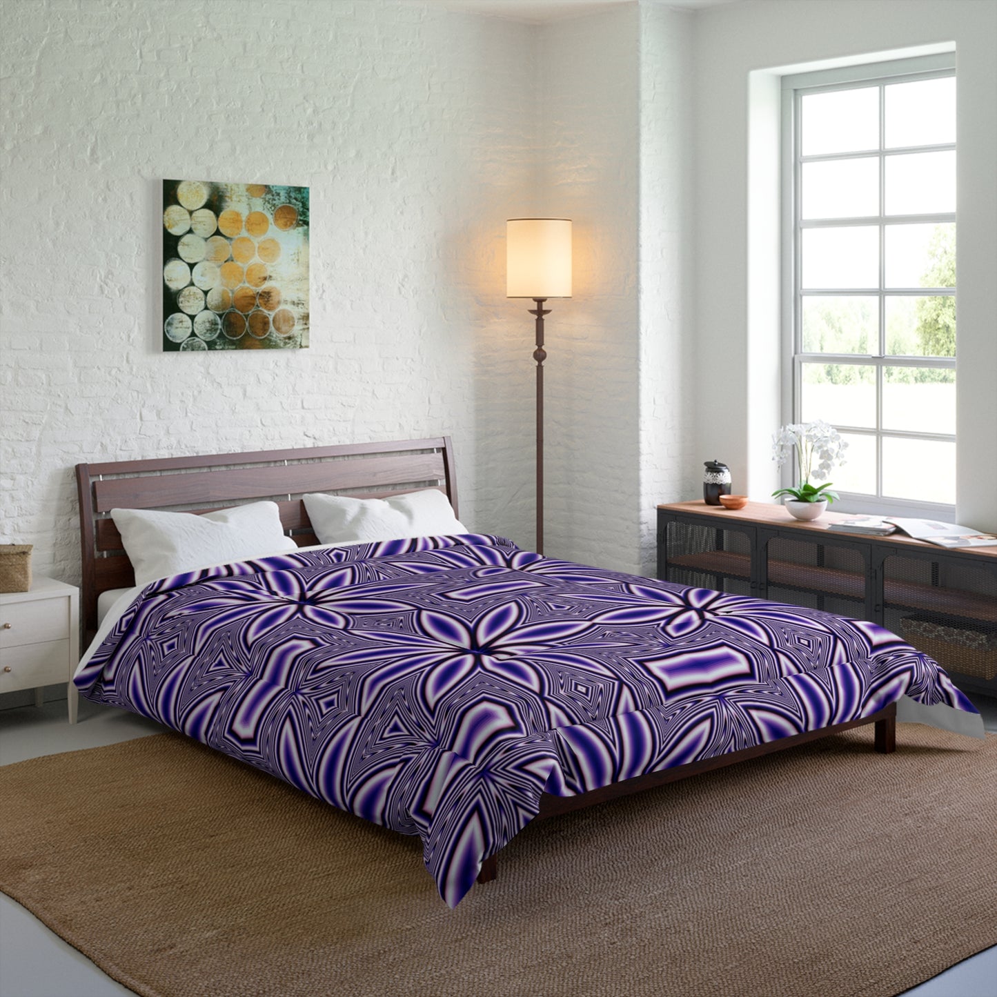 Purple Floral Geometric Comforter – Boho Starburst Pattern Bedding