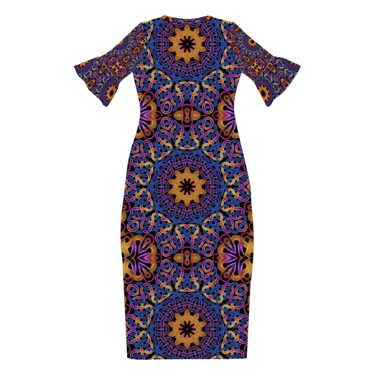 Blue Gold Celtic Kaleidoscope Custom Lotus Leaf Short Sleeve Long Dress Women's Summer Fashion Dress