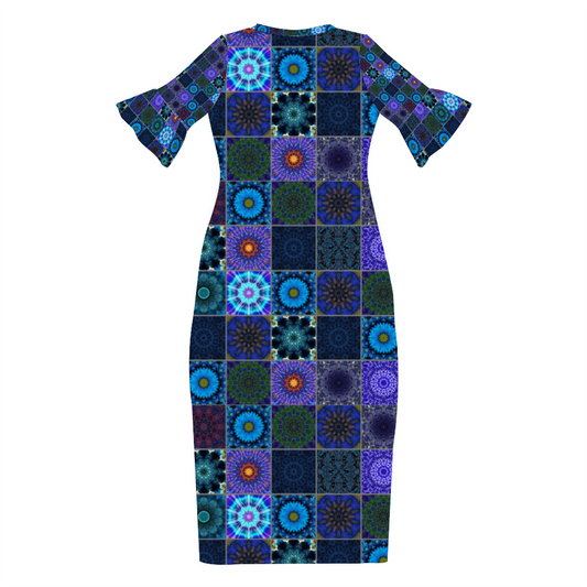 Blue Crazy Quilt Custom Lotus Leaf Short Sleeve Long Dress Women's Summer Fashion Dress