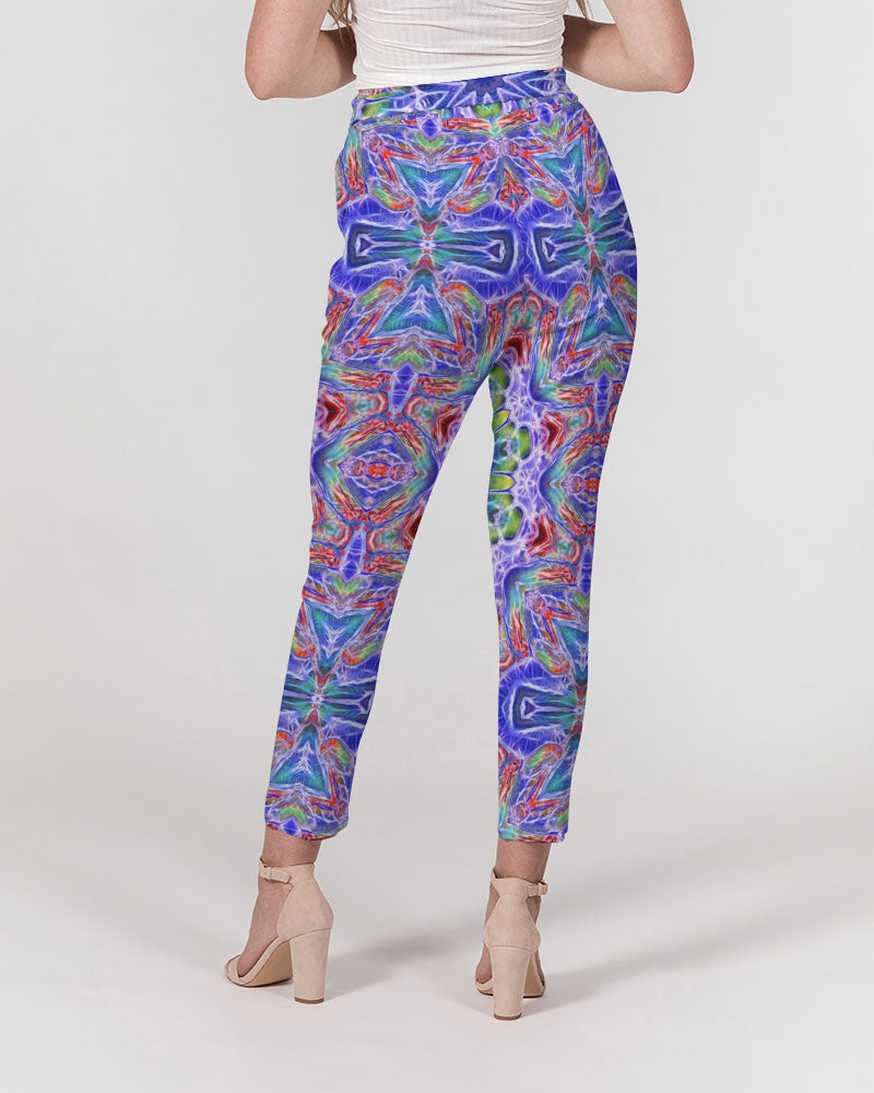 Blue Red Kaleidoscope Women's All-Over Print Belted Tapered Pants