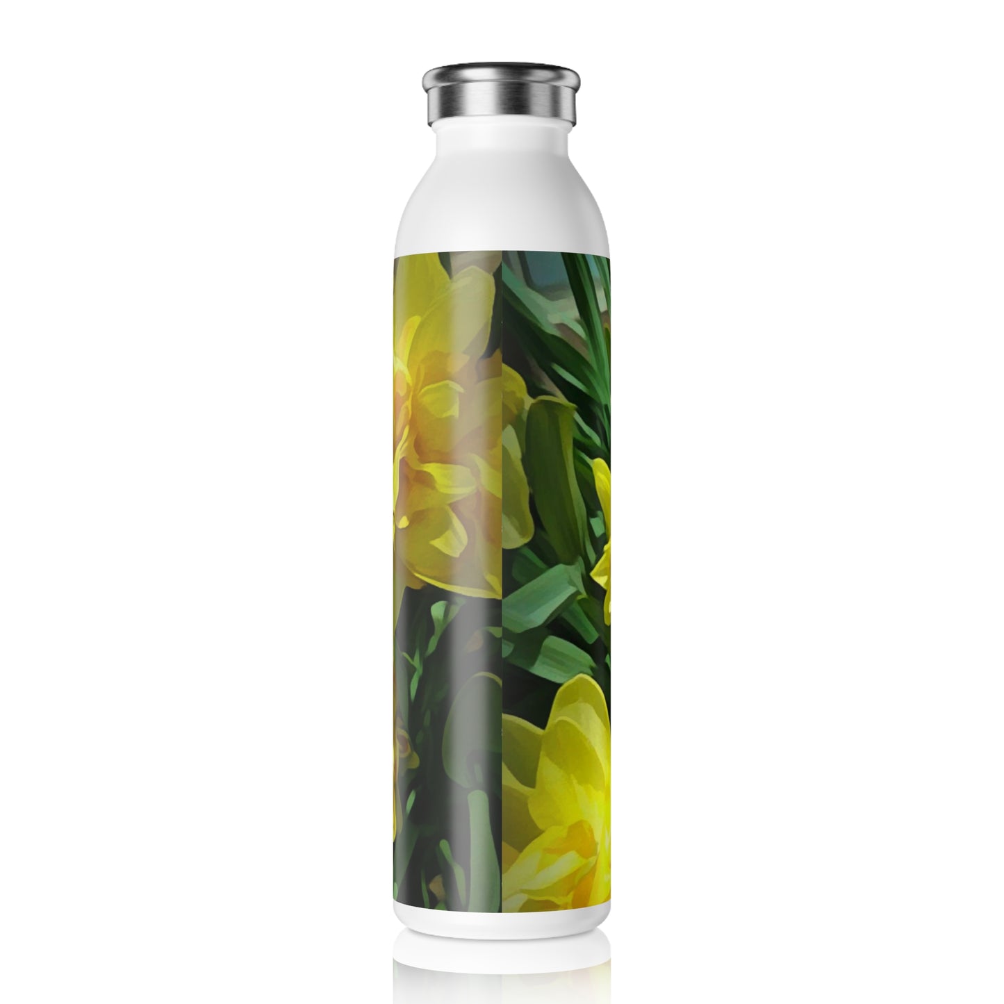 Bright Yellow Daffodils Slim Water Bottle with Daffodil Design, Eco-Friendly Reusable Bottle, Floral Drinkware, Gift for Nature Lovers, Summer Hydration