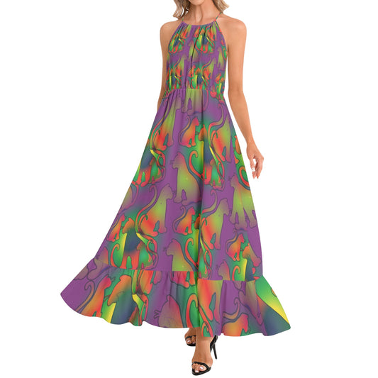 Abstract Cats Ruffle Hem Halter Neck Maxi Dress