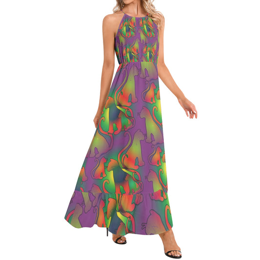 Abstract Cats Ruffle Hem Halter Neck Maxi Dress