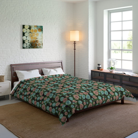 Earthy Peach and Turquoise Flower Pattern Comforter