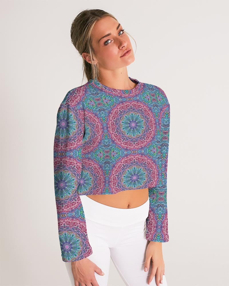 Blue Red Snowflake Kaleidoscope Women's All-Over Print Cropped Sweatshirt