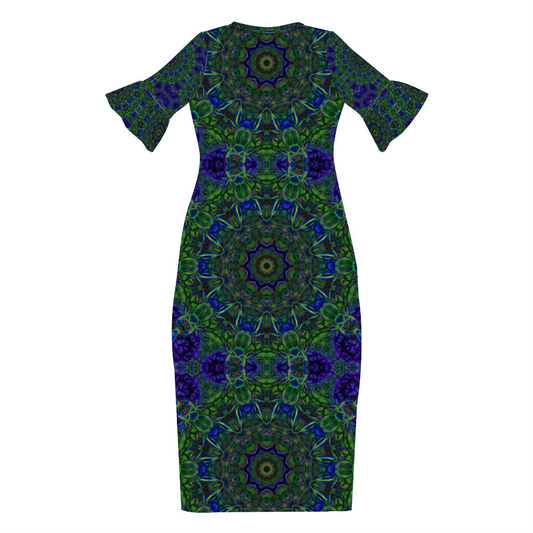 Blue Green Ribbon Kaleidoscope Custom Lotus Leaf Short Sleeve Long Dress Women's Summer Fashion Dress