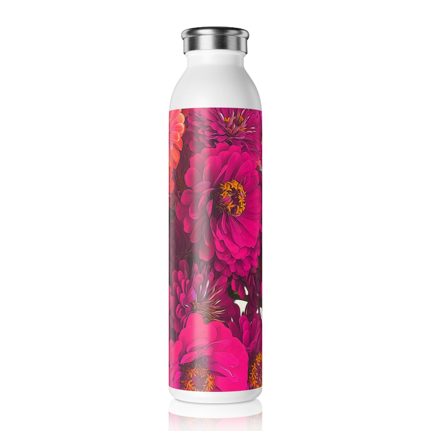 Slim Water Bottle — Bright Pink Zinnia Floral Stainless Steel Bottle