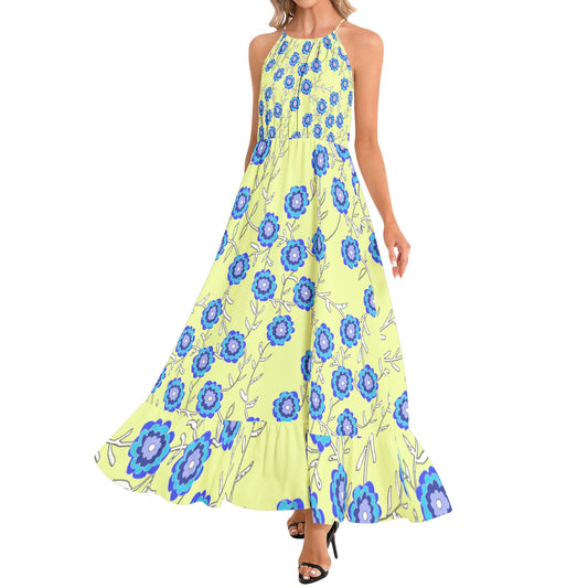Blue Flowers on Yellow Ruffle Hem Halter Neck Maxi Dress