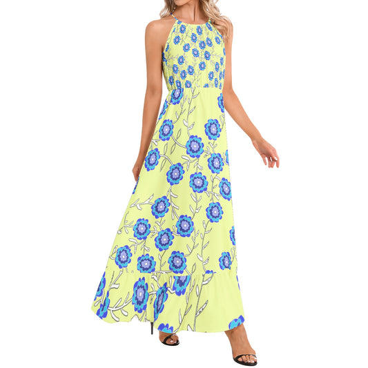 Blue Flowers on Yellow Ruffle Hem Halter Neck Maxi Dress