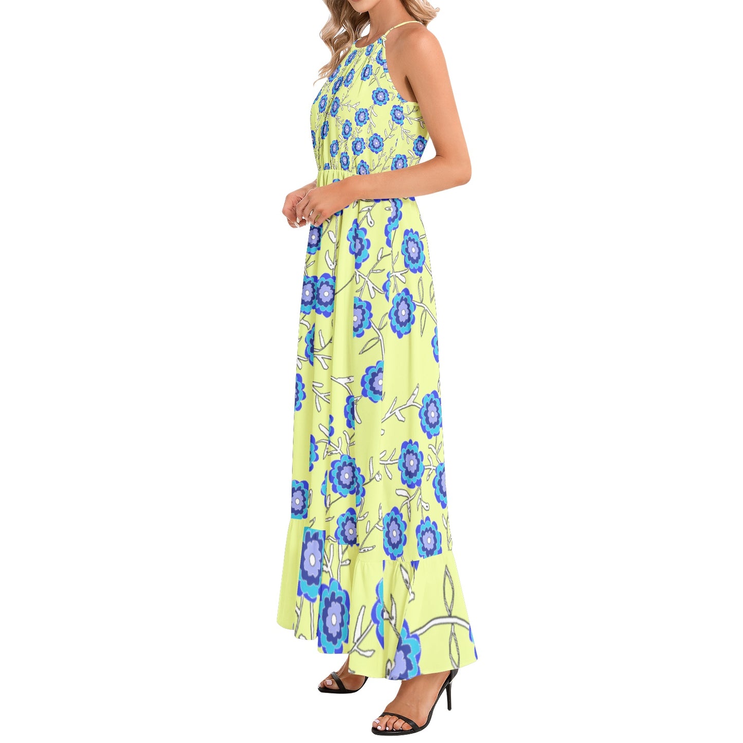 Blue Flowers on Yellow Ruffle Hem Halter Neck Maxi Dress