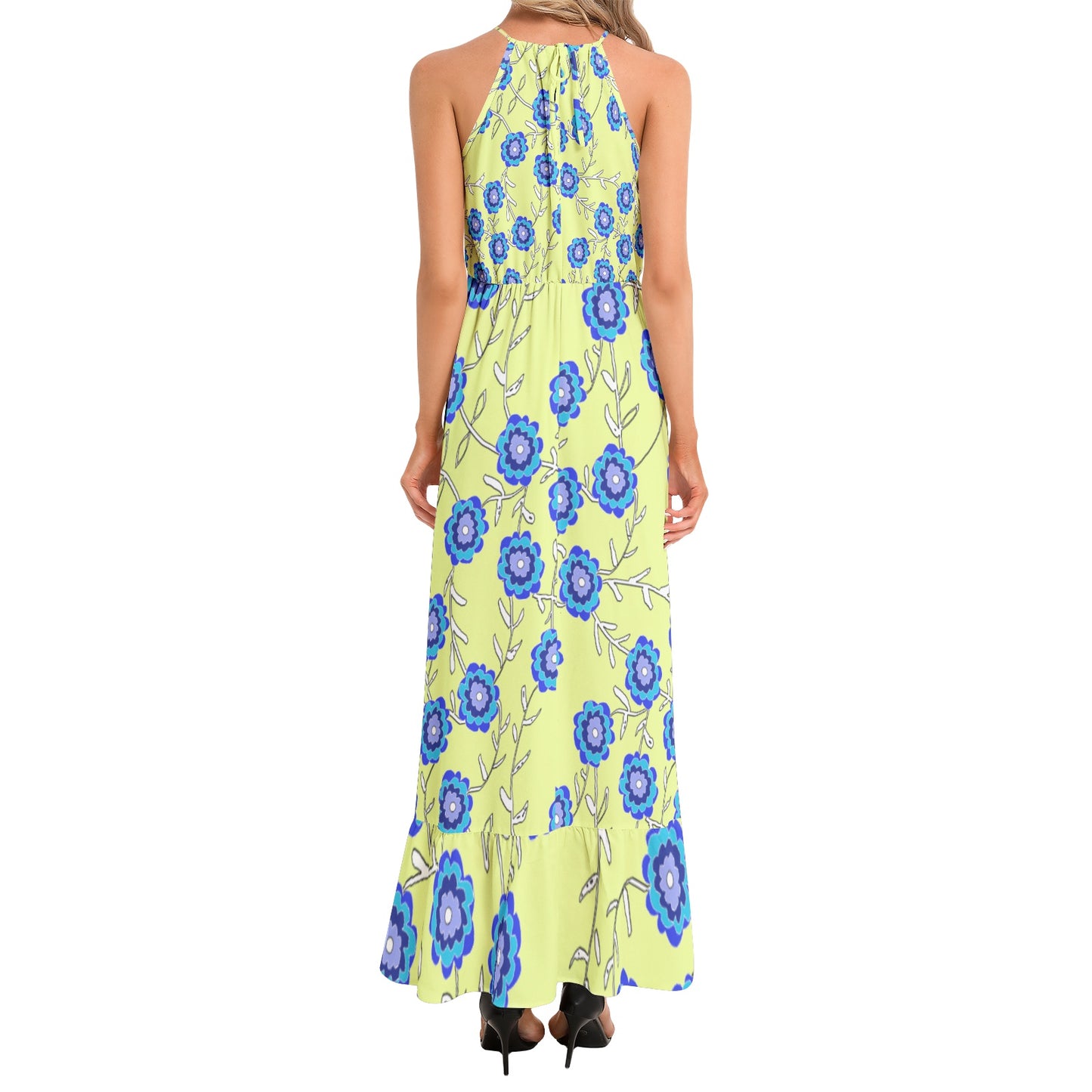 Blue Flowers on Yellow Ruffle Hem Halter Neck Maxi Dress