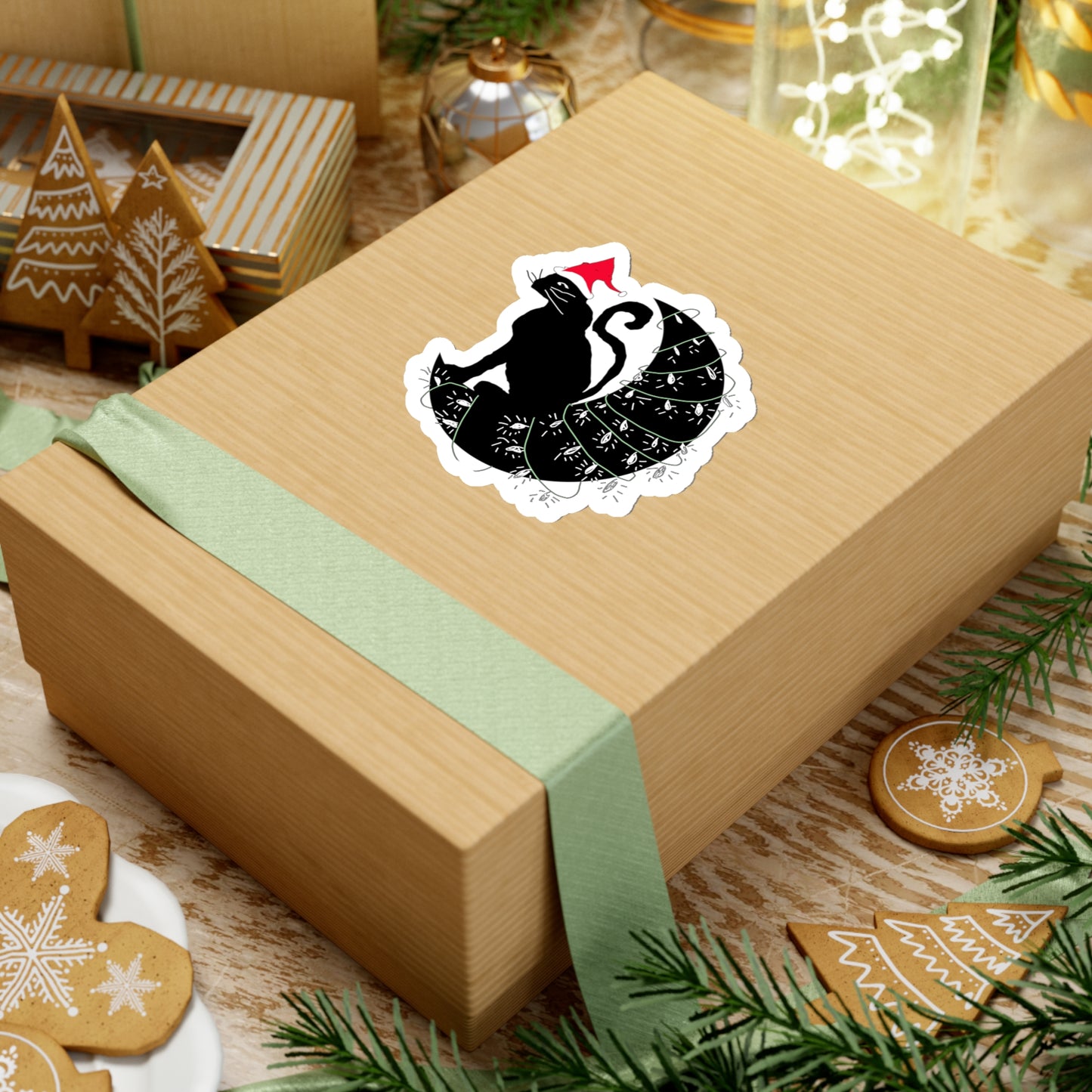 Christmas Cat on The Moon Kiss-Cut Stickers