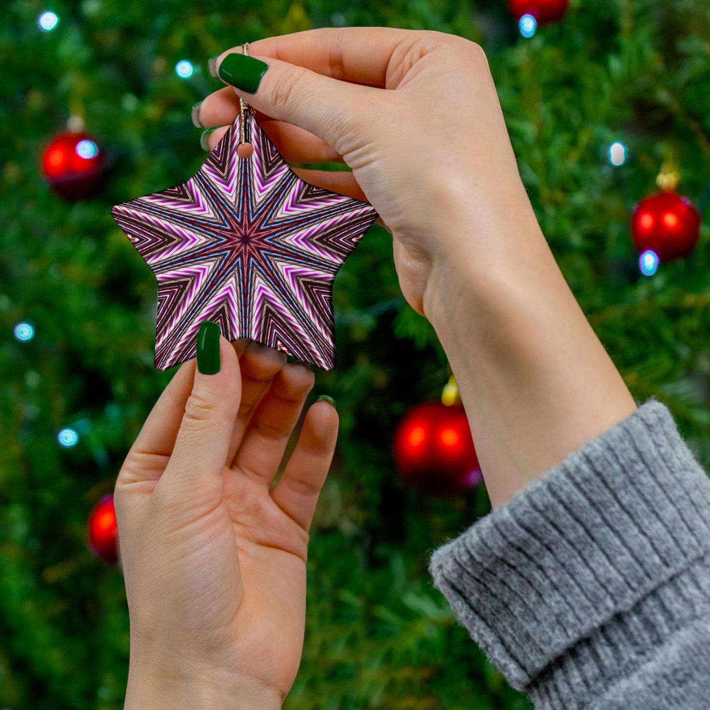 Candy Cane Kaleidoscope Star Ceramic Ornament — Pink Geometric Holiday Decoration