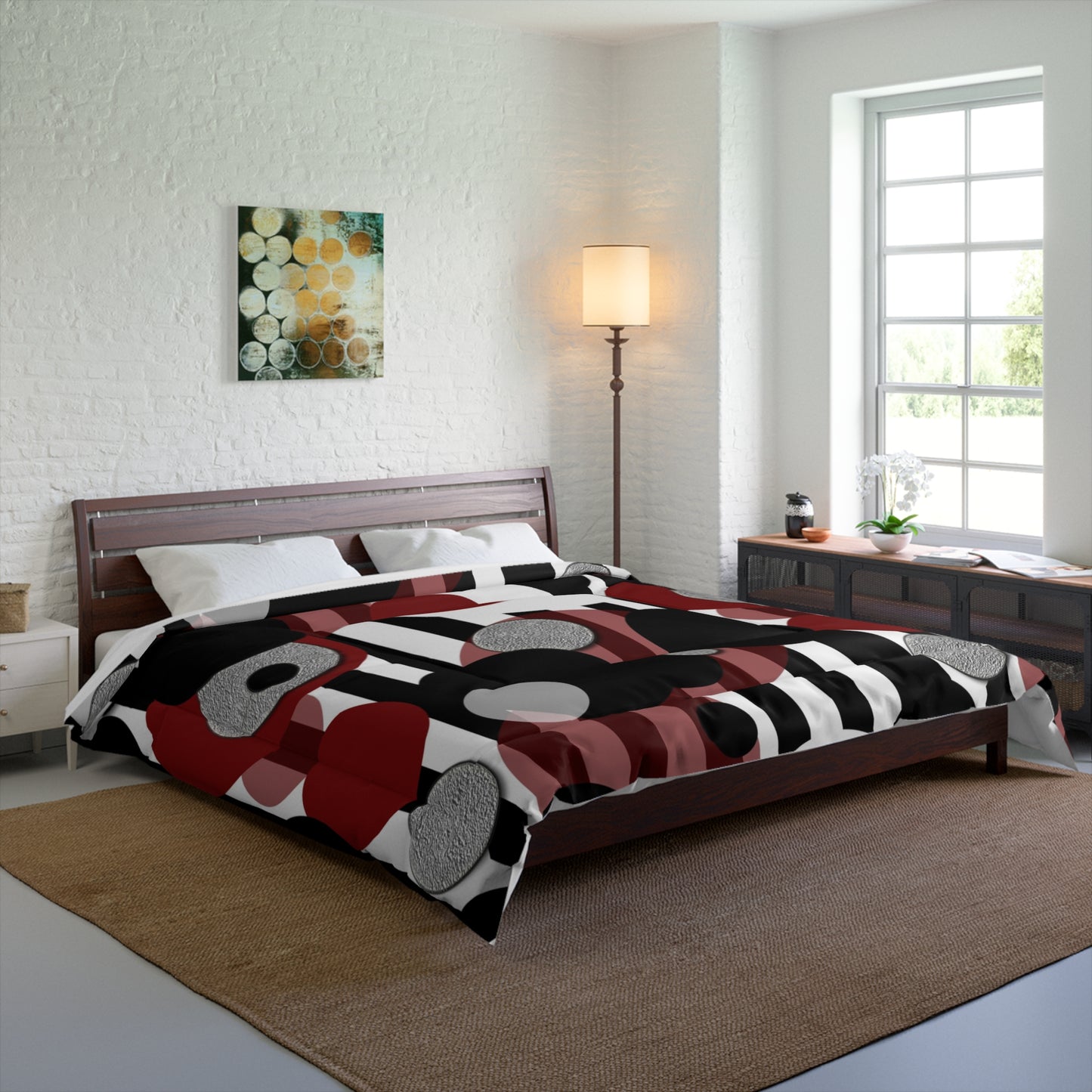 Comforter — Modern Abstract Circles & Stripes Comforter (Red, Black, Gray)