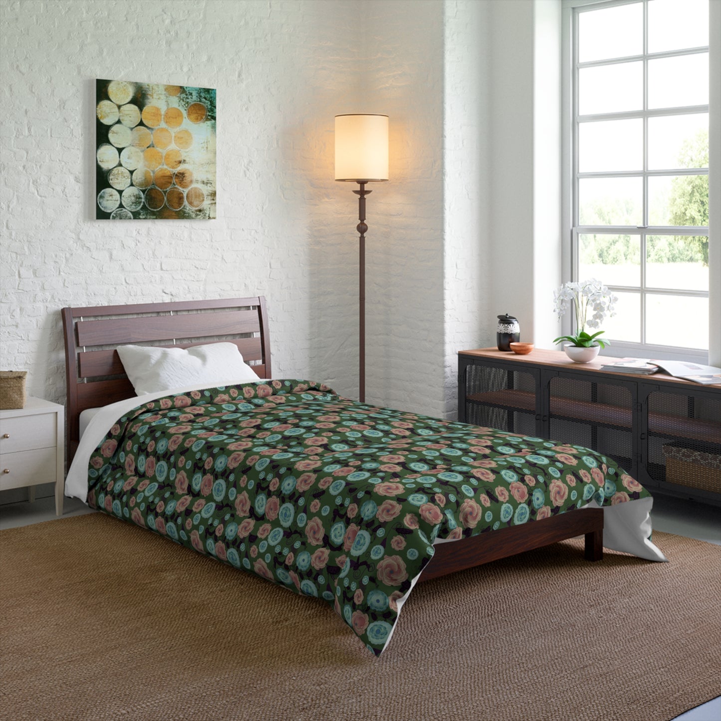 Earthy Peach and Turquoise Flower Pattern Comforter